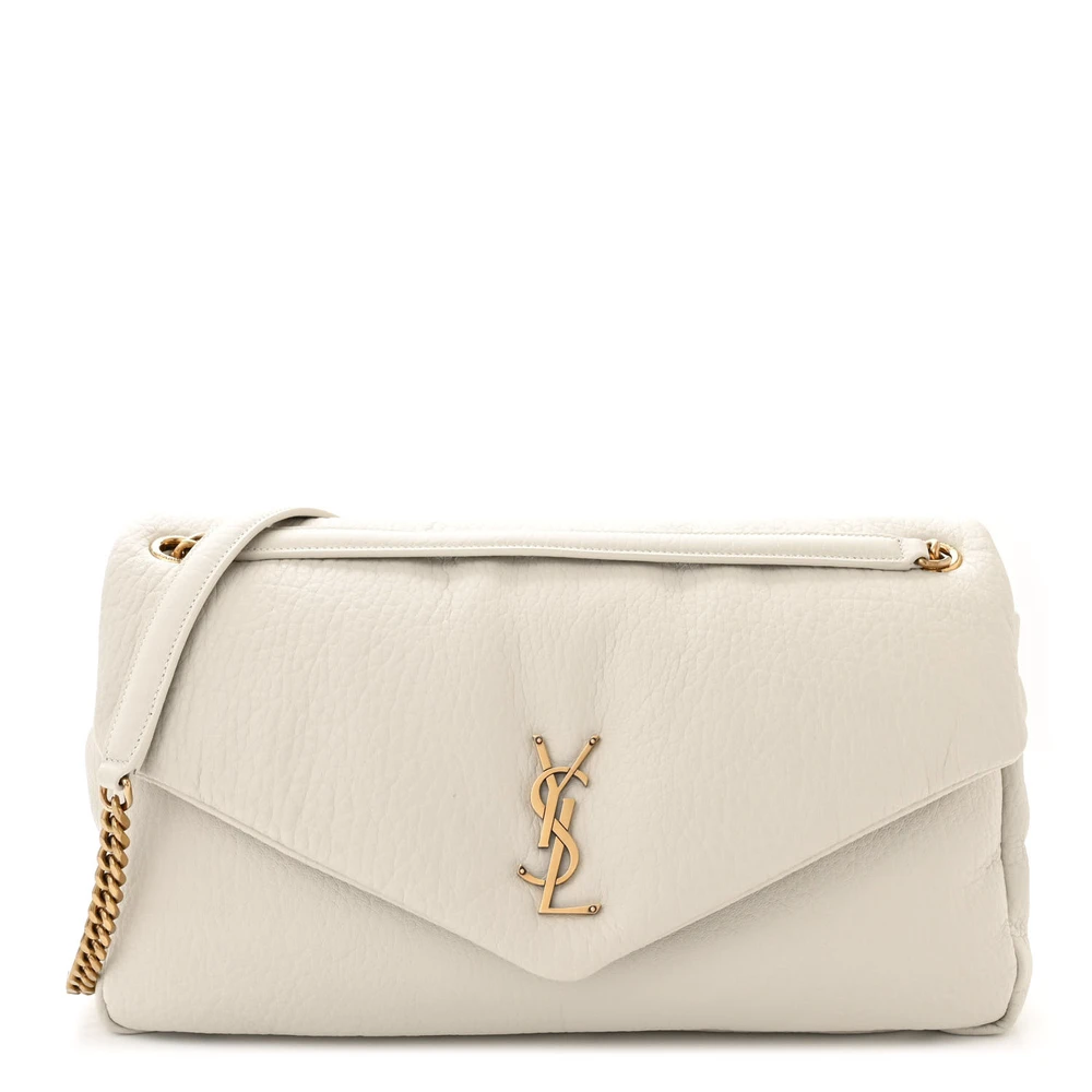 Saint Laurent Bolsa Calypso Grande Branco Vintage Pele de Cordeiro Granulado Hardware Envelhecido Dourado
