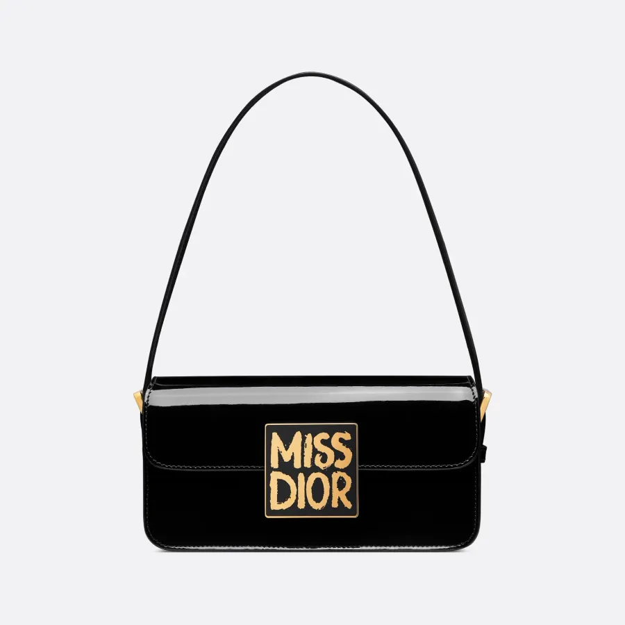Dior Miss Dior Flap Bag In Black Patent Calfskin With Gold Hardware