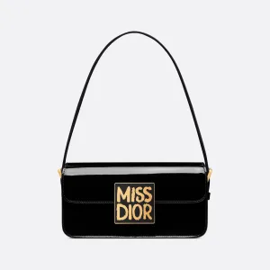 Dior Miss Dior Flap Bag In Black Patent Calfskin With Gold Hardware