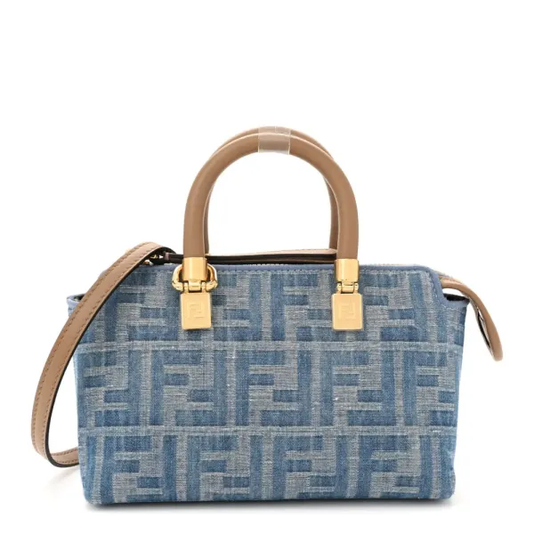 Fendi FF Mini By The Way Top Handle Boston Bag Tortora/Nuvola Denim & King Vitello Leather Gold Hardware