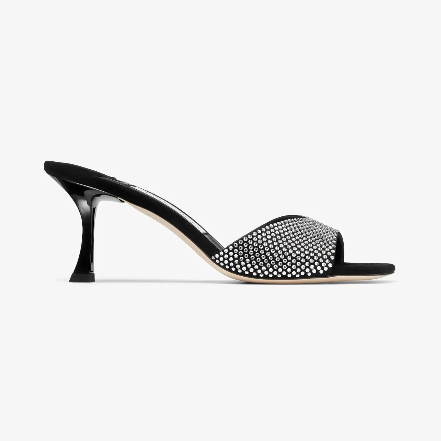 JIMMY CHOO Sandálias chinelos de camurça preta com cristais.