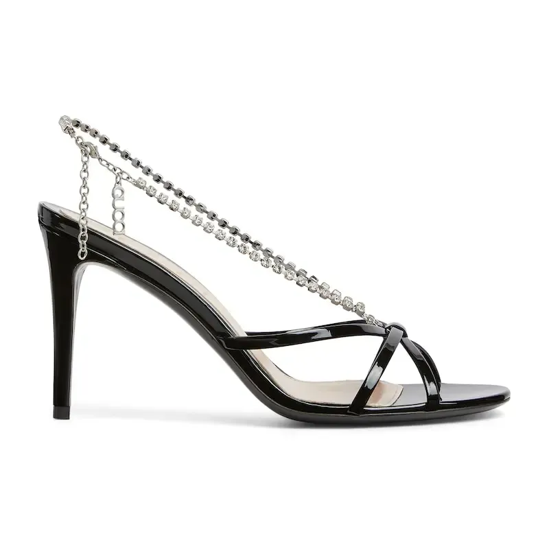Gucci black crystal chain round head high heels sandal