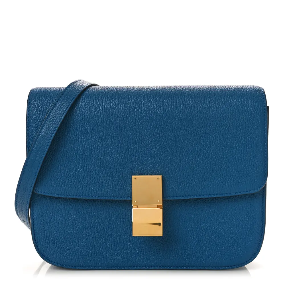 Celine Medium Classic Box Flap Bag em Couro de Cabra Deepsea com Ferragens Douradas