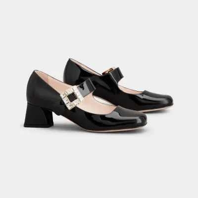 Roger Vivier Très Vivier Dasiy Mary Janes In Black/White Patent Leather With Crystal Buckle (Heel Height 4.5cm)