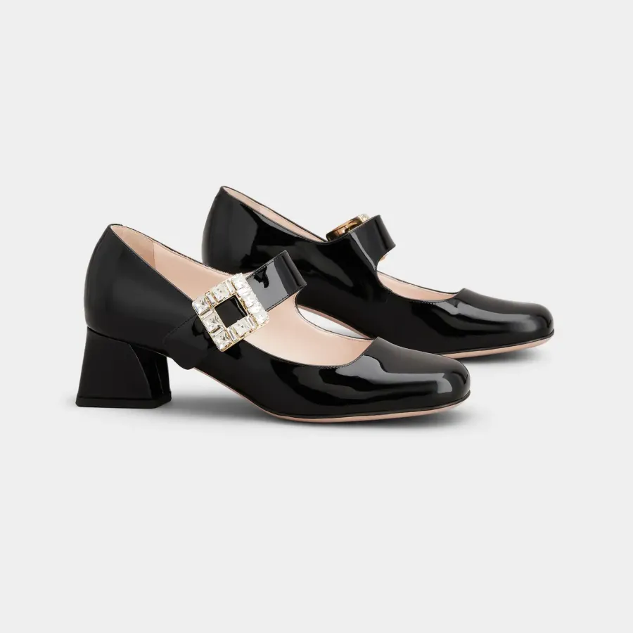 Roger Vivier Très Vivier Dasiy Mary Janes In Black/White Patent Leather With Crystal Buckle (Heel Height 4.5cm)