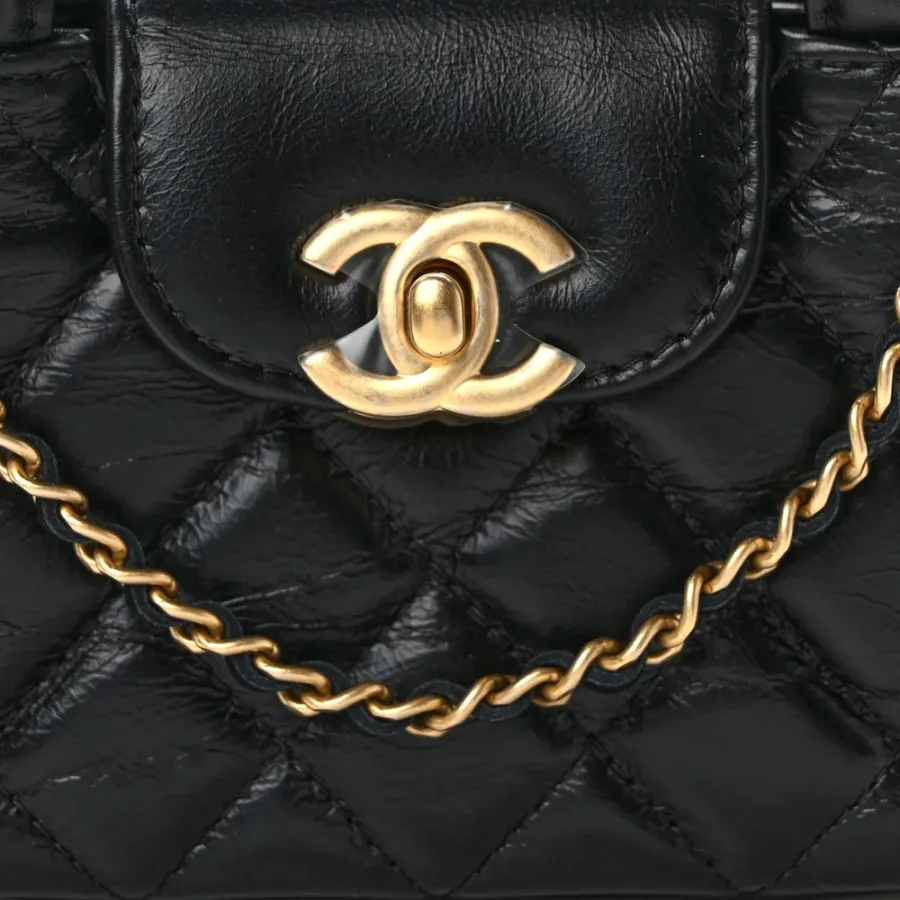 Chanel Kelly Shopper Nano Black Quilted Shiny Aged Calfskin Leather Gold Hardware - BAGS