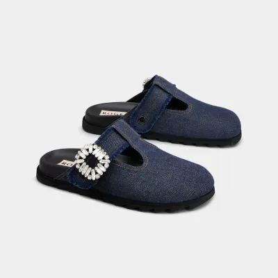 Roger Vivier Slidy Viv' Mules Birkenstocks In Blue Denim With Crystal Buckle
