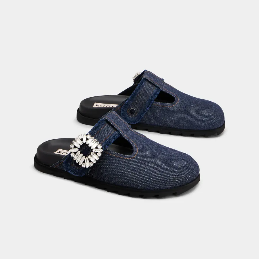 Roger Vivier Slidy Viv' Mules Birkenstocks In Blue Denim With Crystal Buckle