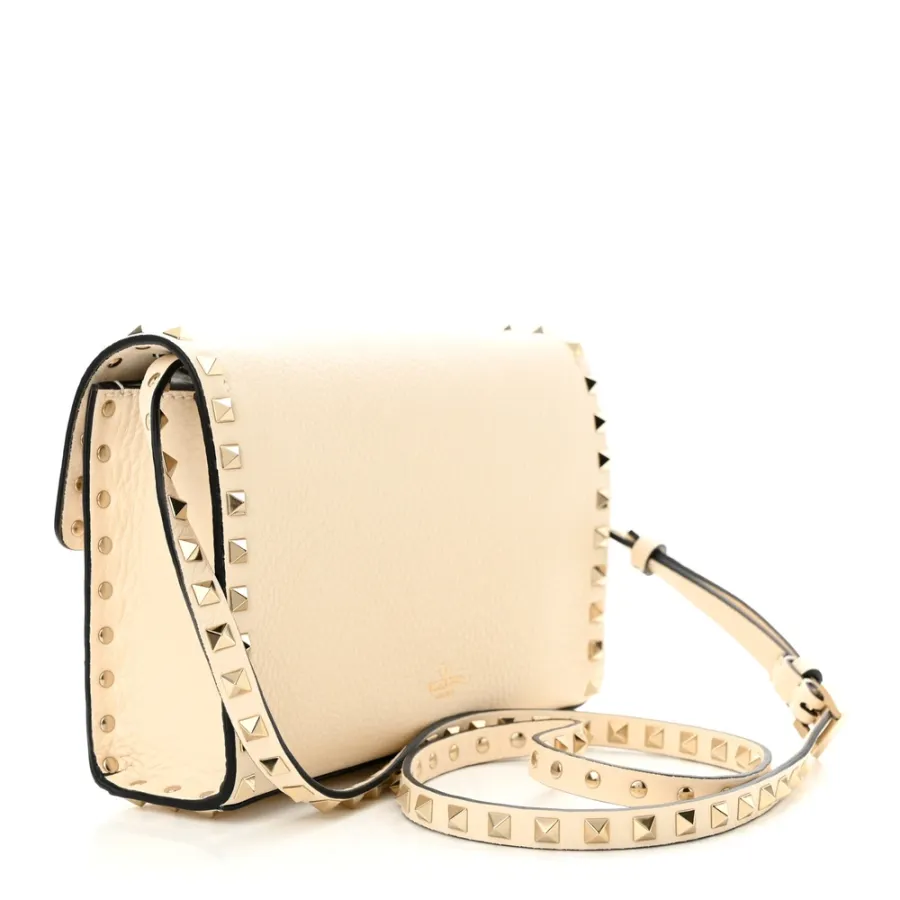 Valentino Garavani Medium Rockstud Flip Lock Crossbody Bag Light Ivory Pebbled Calfskin Leather Gold Hardware