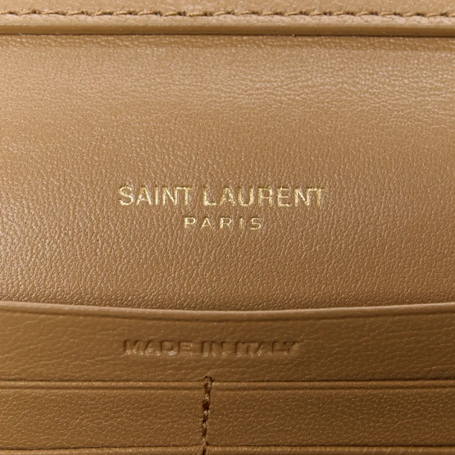 Saint Laurent Medium Becky Chain Wallet Natural Tan Diamond Quilted Lambskin Leather Gold Hardware