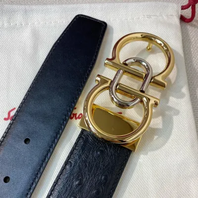 Ferragamo Men's Double Gancini Buckle Belt In Black Ostrich Grain Calfskin With Gold/Silver Hardware 35mm