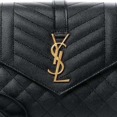Saint Laurent Medium Clutch Black Triquilt Monogram Grain De Poudre Textured Mixed Matelasse Leather Gold Hardware