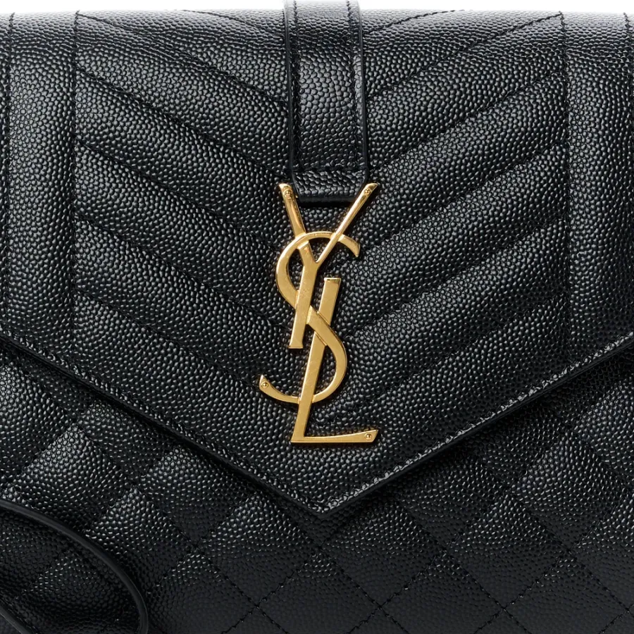 Saint Laurent Medium Clutch Black Triquilt Monogram Grain De Poudre Textured Mixed Matelasse Leather Gold Hardware
