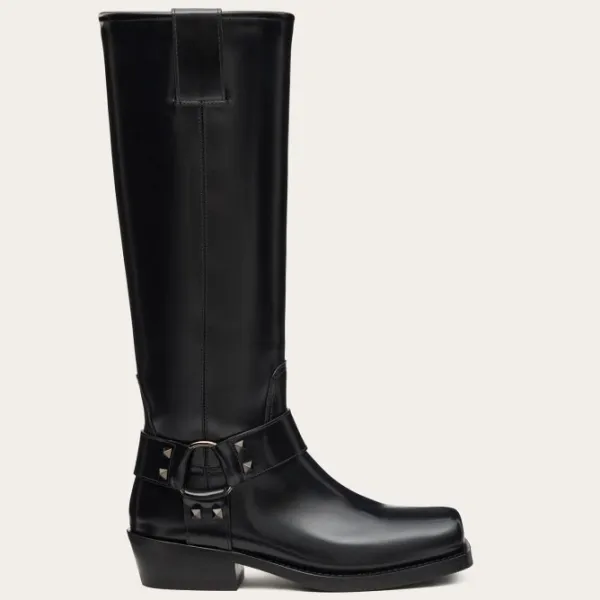VALENTINO ROCKSTUD Calf leather motorcycle boots (heel height 4cm)