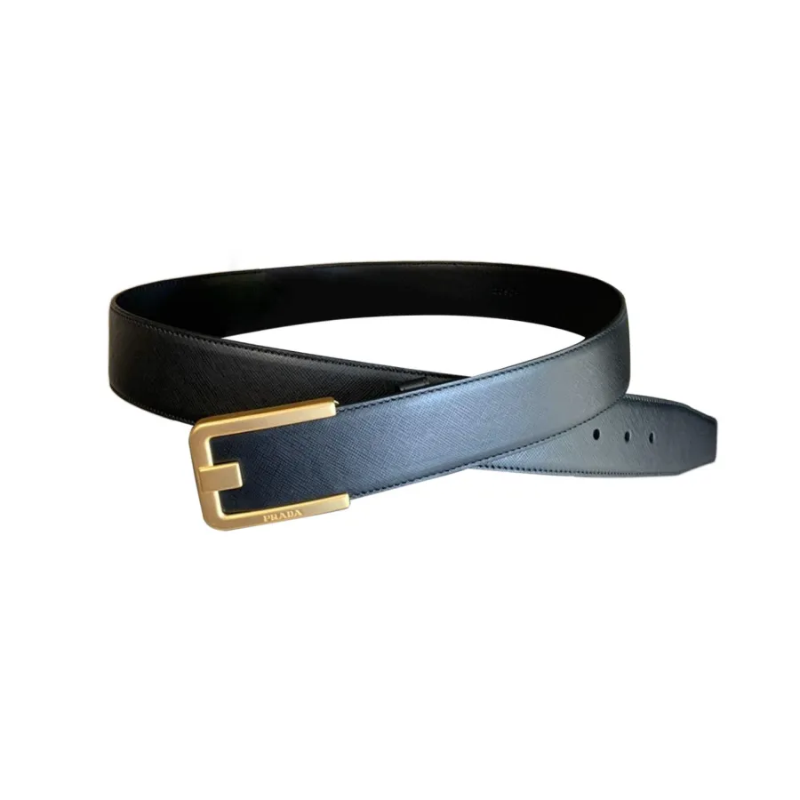 Prada Men' s Square Buckle Belt In Black Saffiano Calfskin With Gold/Silver Hardware 40mm