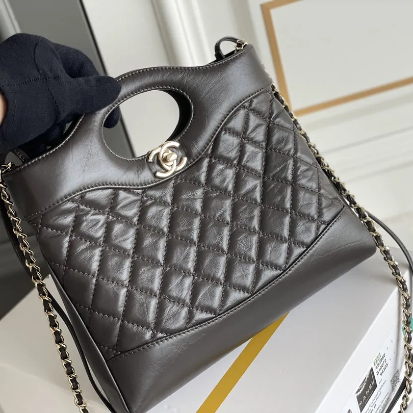 Chanel Oil Wax Leather Brown / Milk Tea Color / Grey Crossbody Bags
