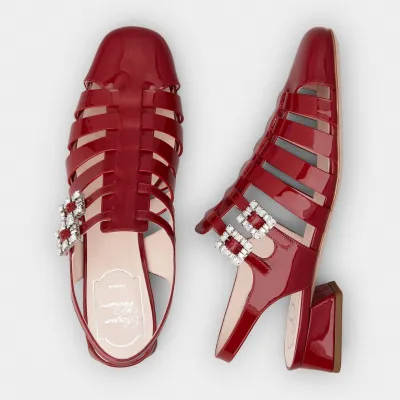 Roger Vivier Très Vivier Sandals In Red Patent Leather With Crystal Buckle (Heel Height 4.5cm)
