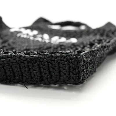 Prada Medium Effect Crochet Logo Embroidered Tote Bag Black Yarn Raffia