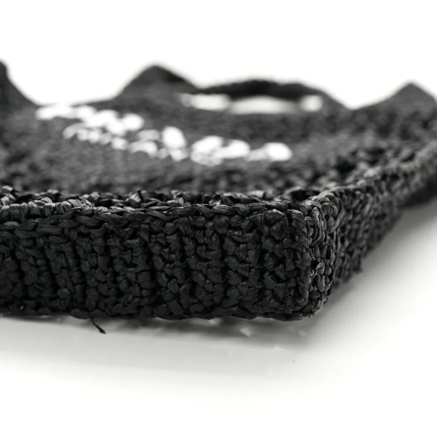 Prada Medium Effect Crochet Logo Embroidered Tote Bag Black Yarn Raffia