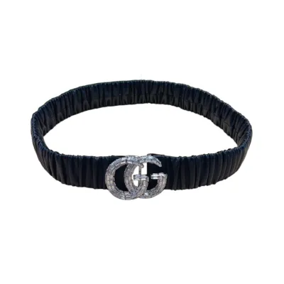 Gucci Women's GG Buckle With Crystals Elastic Belt In Black Calfskin With Silver Hardware 30mm/40mm