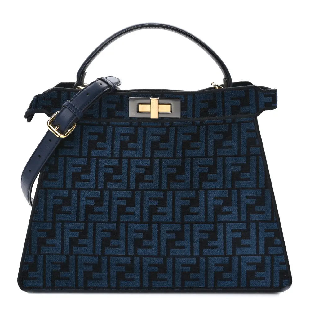Fendi Medium FF Peekaboo I SEE U Satchel Azul/Preto Chenille & Couro Vitello Seta Hardware Dourado