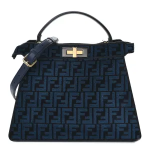 Fendi Medium FF Peekaboo I SEE U Satchel Blue/Black Chenille & Vitello Seta Leather Gold Hardware