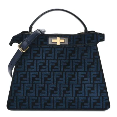 Fendi Medium FF Peekaboo I SEE U Satchel Blue/Black Chenille & Vitello Seta Leather Gold Hardware