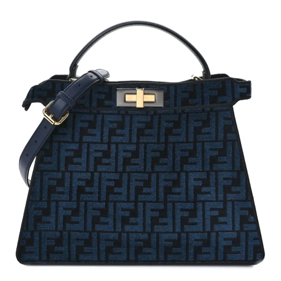 Fendi Medium FF Peekaboo I SEE U Satchel Blue/Black Chenille & Vitello Seta Leather Gold Hardware