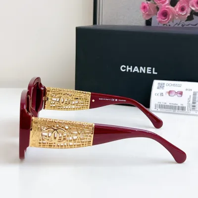 CHANEL square frame glasses red gold color size 54-20-140