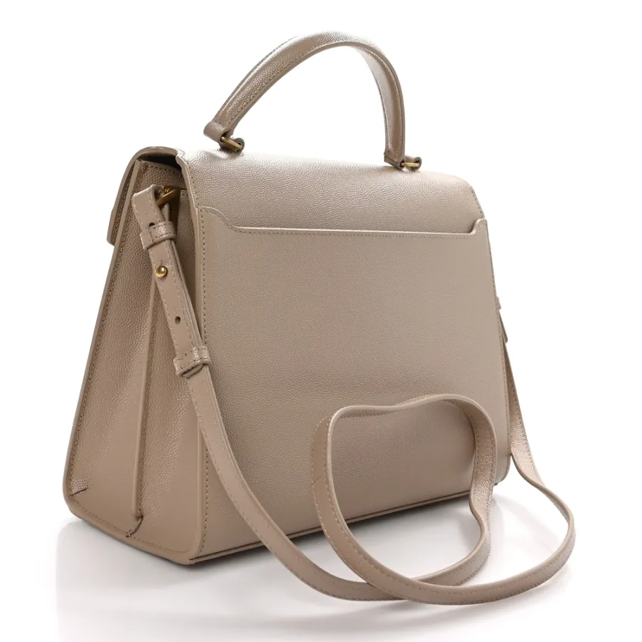 Saint Laurent Medium Cassandra Top Handle Dark Beige Classic Monogram Grain De Poudre Leather Aged Gold Hardware