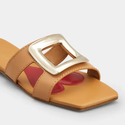 Roger Vivier Viv' By The Sea Mules Flats In Orange Leather With Metal Buckle