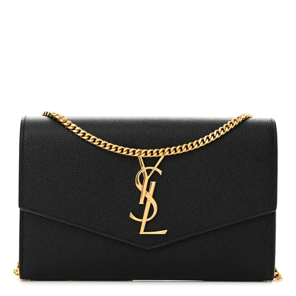Saint Laurent Bolsa Uptown Chain Pequena em Couro Grain De Poudre Preto com Hardware Dourado