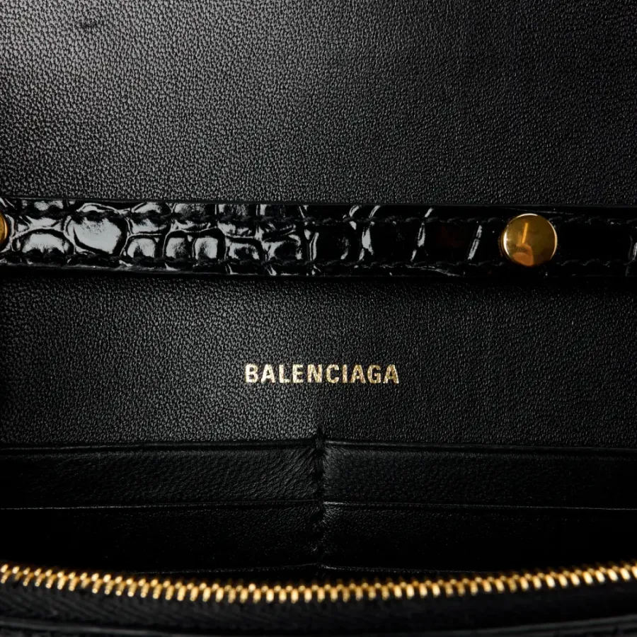 Balenciaga XS Hourglass Chain Bag Black Crocodile Embossed Shiny Calfskin Leather Gold Hardware