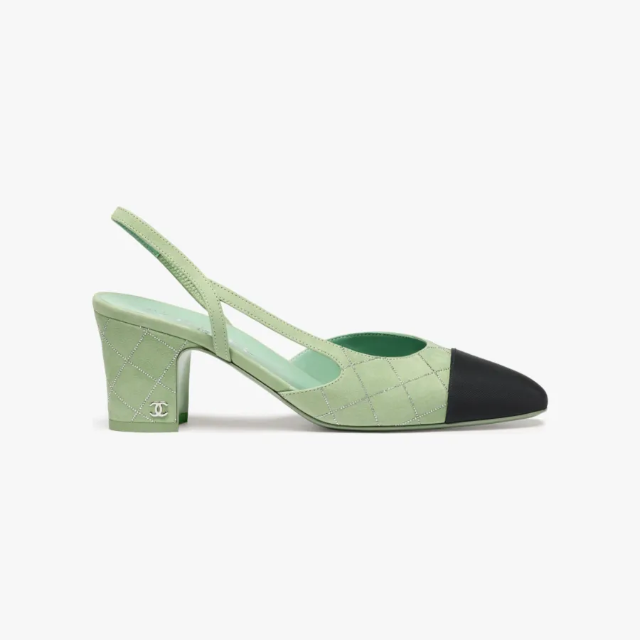 Chanel, light green, silver and black, suede sheepskin and satin, Rear lace up high heels High Heels Sandal