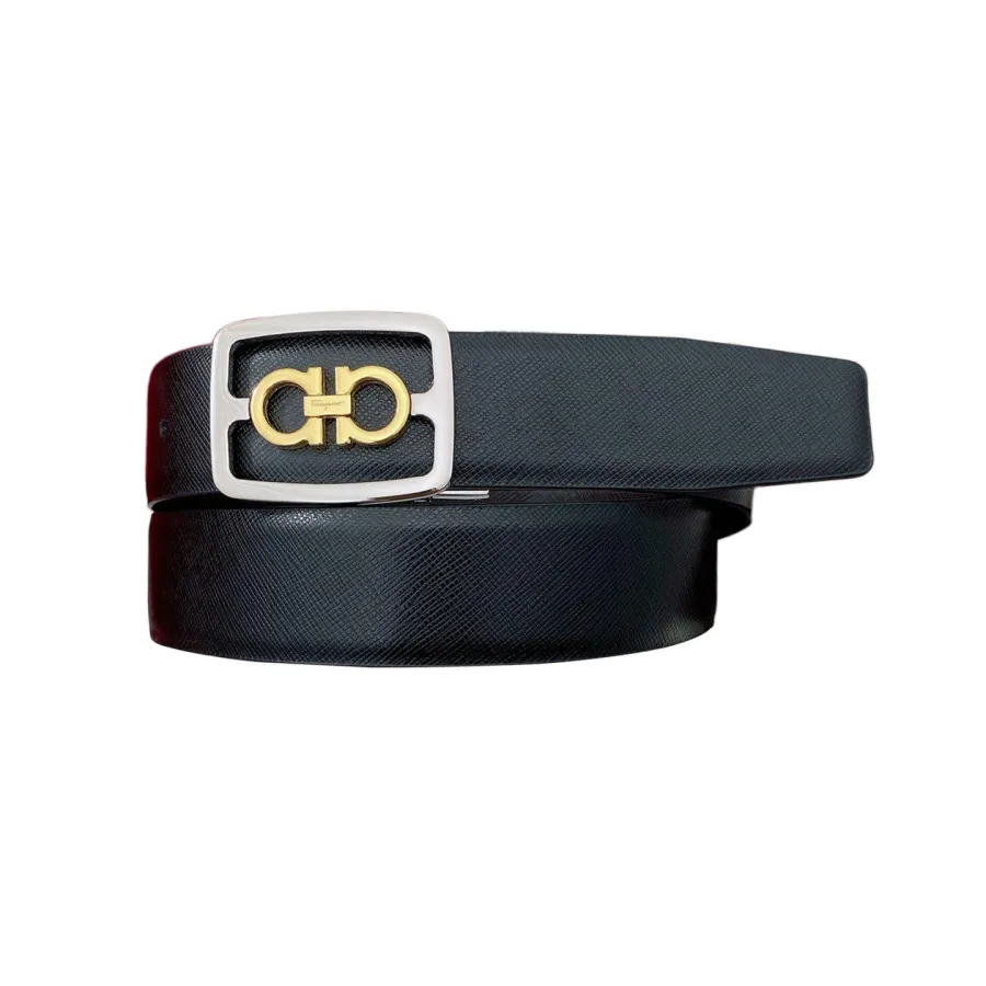 Ferragamo Men's Square Buckle Belt In Black/Coffee Grained Calfskin With Gold/Silver Hardware 35mm