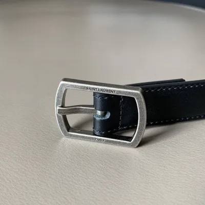 Saint Laurent Paved Buckle Belt In Black Calfskin With Gold/Silver Hardware 25mm