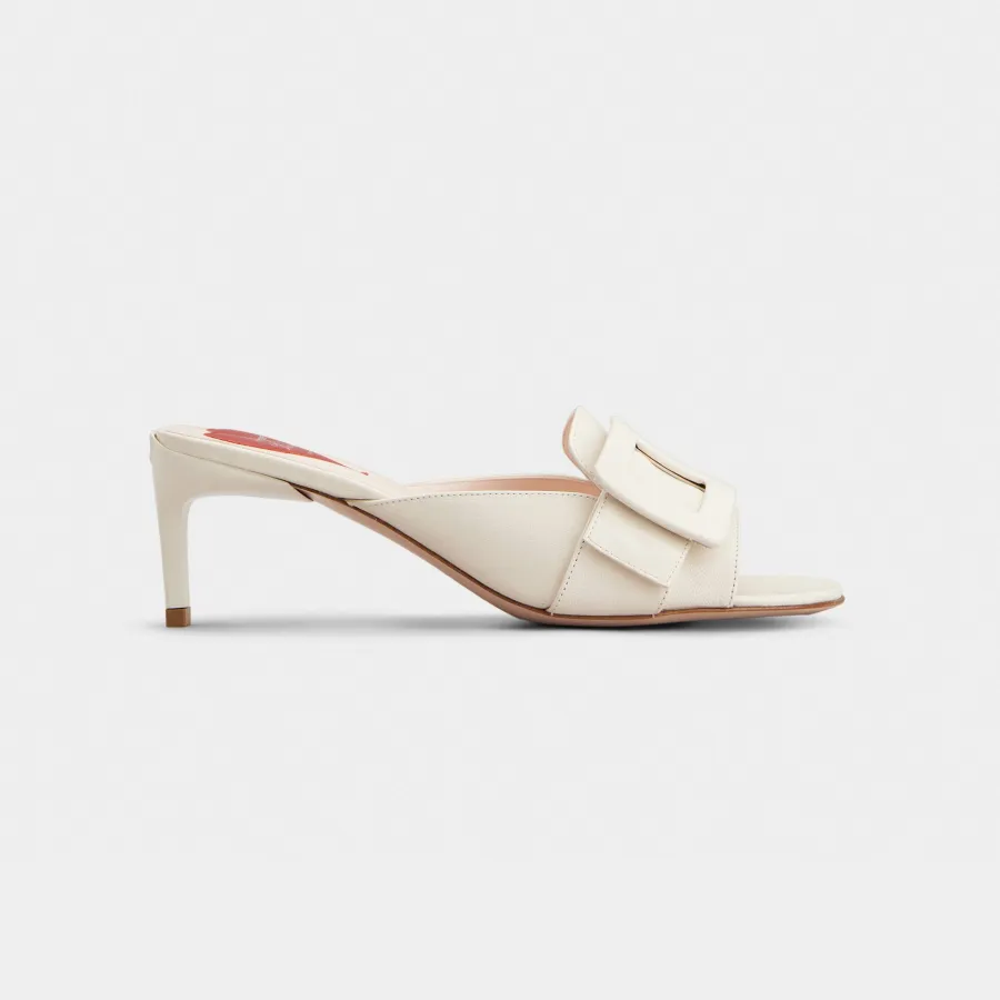 Roger Vivier Viv' Canard Mules Sandals In White Leather With Lacquered Metal Buckle (Heel Height 5.5cm)