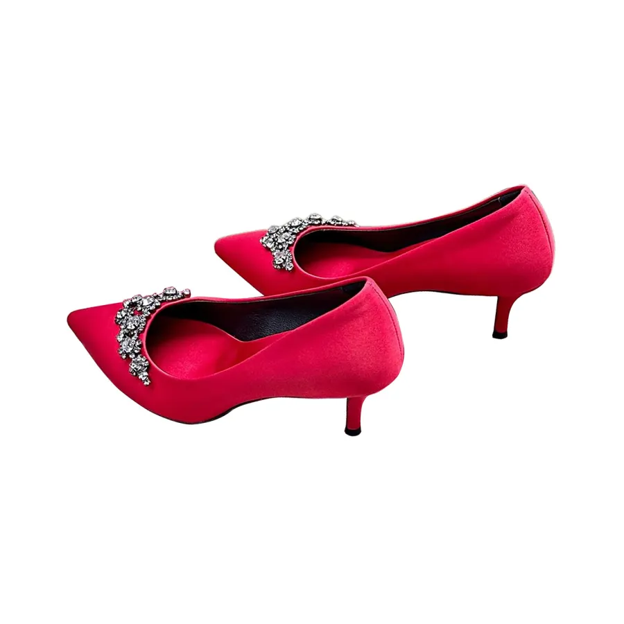 Roger Vivier Efflorescence Pumps High Heels In Red/Silver Satin With Crystal Flowers Buckle (Heel Height 6.5cm)