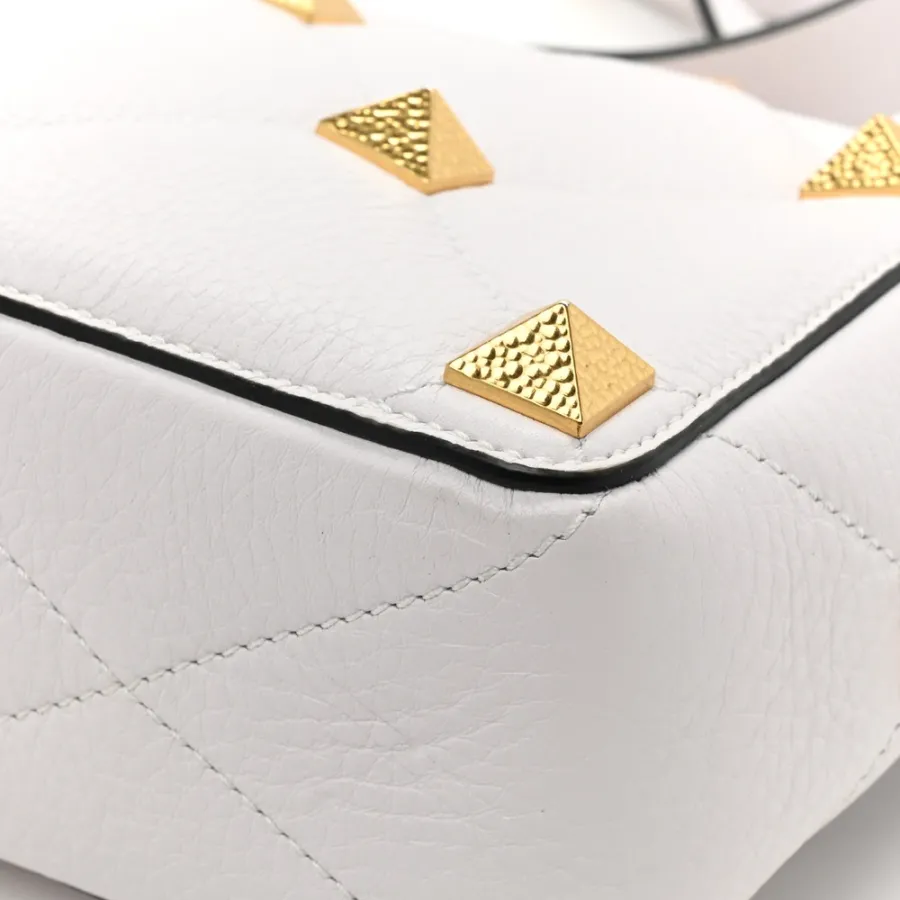 Valentino Garavani Medium Roman Stud Shoulder Bag Ivory Grained Calfskin Leather Light Gold Hardware