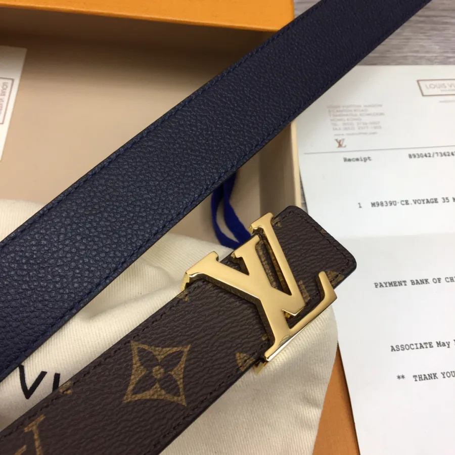 Louis Vuitton Women's Initiales Reversible Belt In Bkue/Black/Grey/Brown/Burgundy/Red/Pink Calfskin And Monogram Canvas With Gold Hardware 30mm