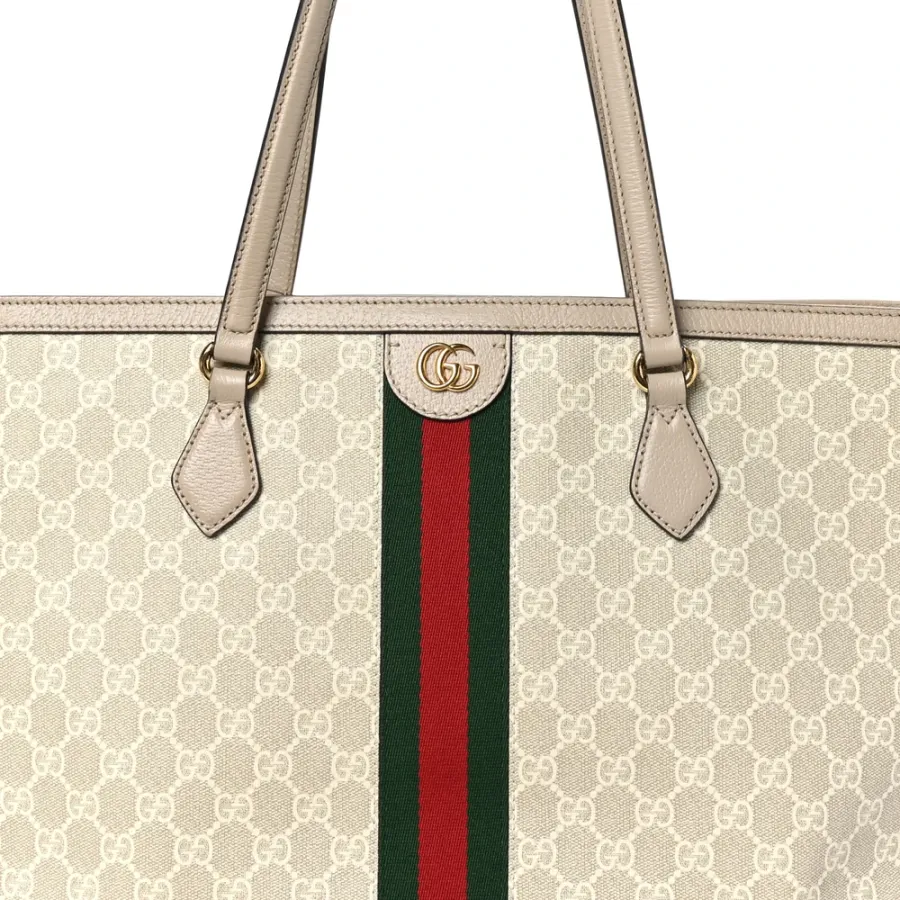 Gucci Medium Ophidia Shopping Tote Beige / Mystic White / Oatmeal GG Supreme Monogram Coated Canvas & Textured Dollar Calfskin Leather Gold Hardware