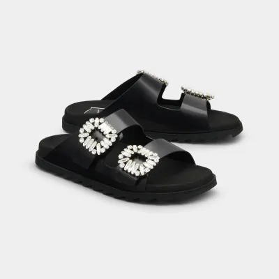 Roger Vivier Slidy Viv' Mules Sandals In Black Leather With Crystal Buckle