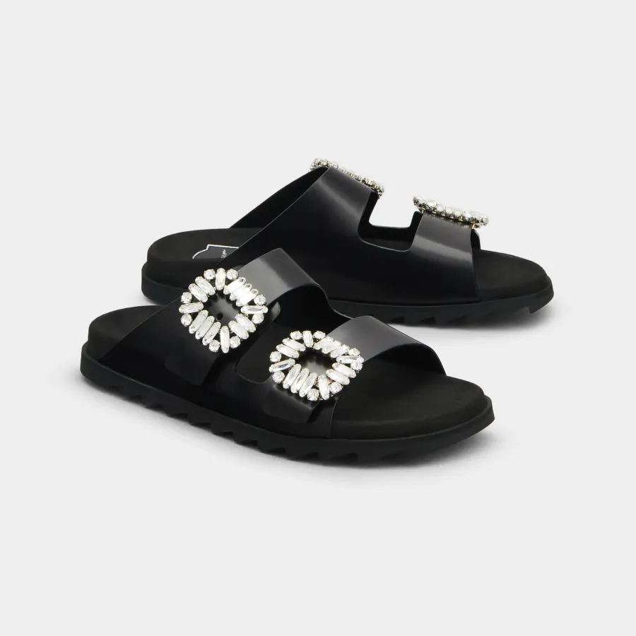 Roger Vivier Slidy Viv' Mules Sandals In Black Leather With Crystal Buckle