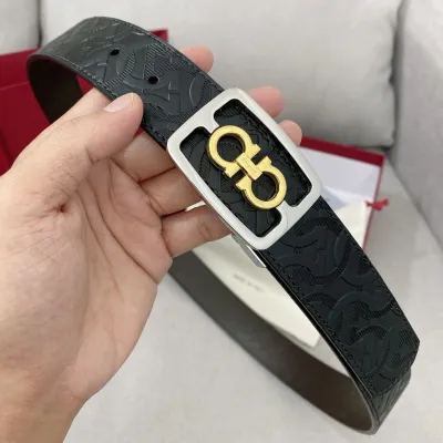 Ferragamo Men's Square Buckle Belt In Black/Coffee Grained Calfskin With Gold/Silver Hardware 35mm