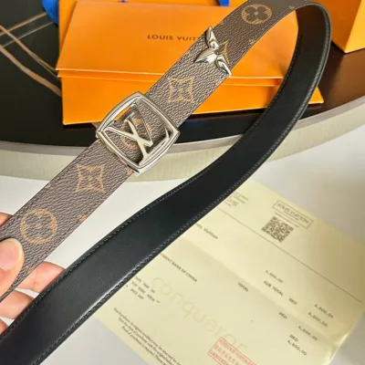 Louis Vuitton Women's Line Ellipse Reversible Belt In Black/Pink/White Calfskin And Monogram Canvas With Gold/Silver/Gun Black Hardware 30mm