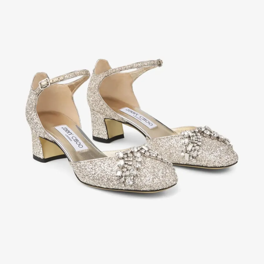 JIMMY CHOO Sand-colored shimmer fabric heels Thick heeled heels