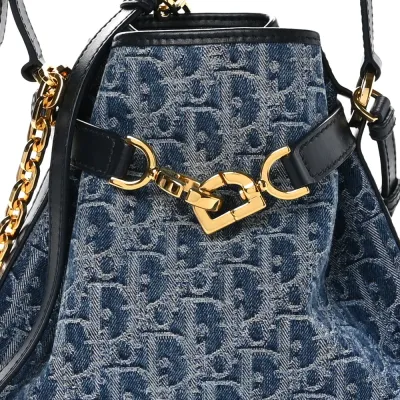 Dior Medium C’est Chain Bucket Bag Blue Oblique Canvas Gold Hardware