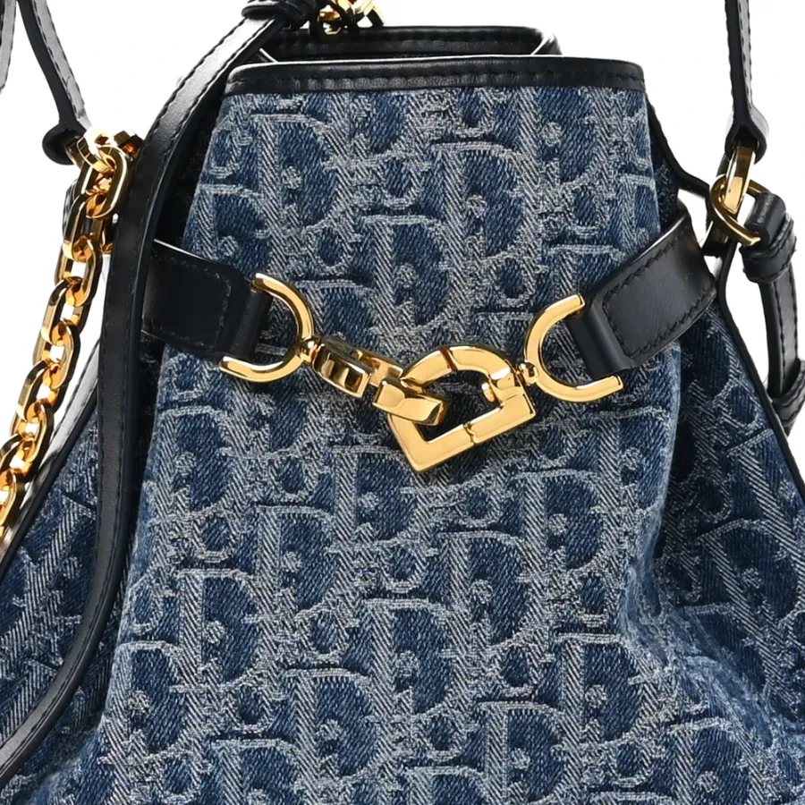 Dior Medium C’est Chain Bucket Bag Blue Oblique Canvas Gold Hardware