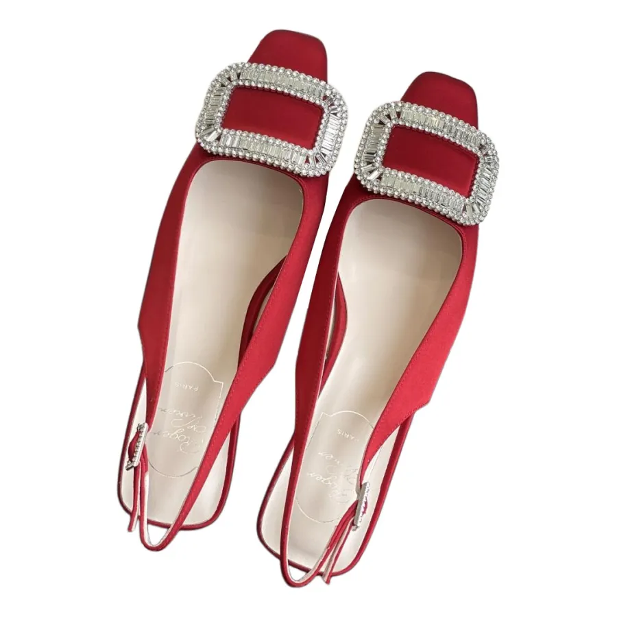 Roger Vivier Belle Viver Slingback Pumps High Heels In Red/Beige Satin With Crystal Buckle (Heel Height 4.5cm)