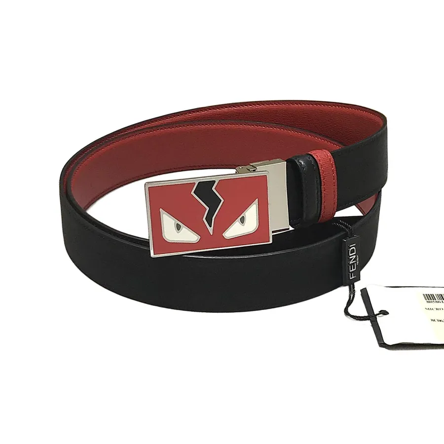 Fendi Men's FF Monster Eyes Reversible Belt In Red/Blue/Black Calfskin With Silver Hardware 35mm